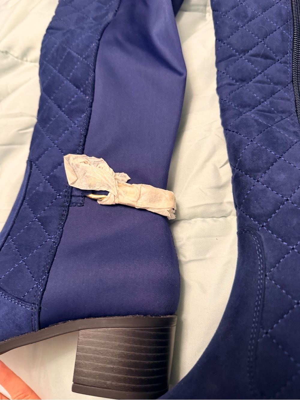 JustFab Quilted Navy Knee-High Heeled Boots - Picture 4 of 7